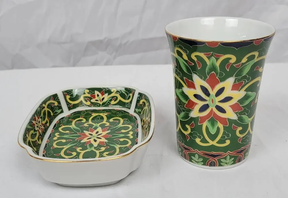 Kashmir Takahashi San Franscisco 1981 Hand Decorated Rectangular Bowl and Cup